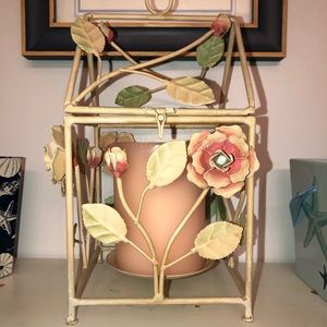 Stylish metal cage candle holder! W/Pink flowers